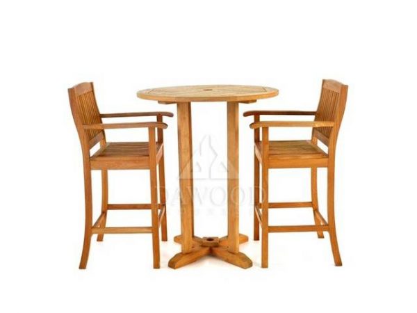 DRSR-002-Round Teak Bar Table and 2 Bar Arm Chair Set-Chair-58X58X114cm.Table-70X70X110 Round Teak Bar Table and 2 Bar Arm Chair Set