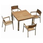 Industrial-Stainless-Steel-Frame-and-Teak-Square-Table-4-Arm-Chairs-Dining-Set